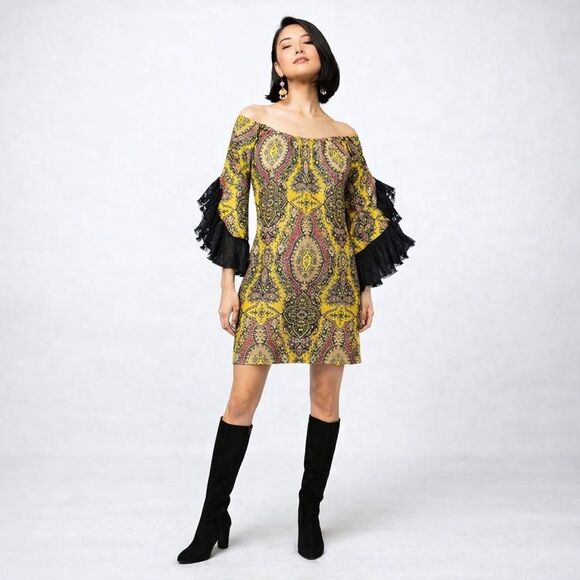 Uncle Frank Dresses & Skirts - Uncle Frank Boho Paisley Lace Sleeve Dress M Yellow Pink Festival